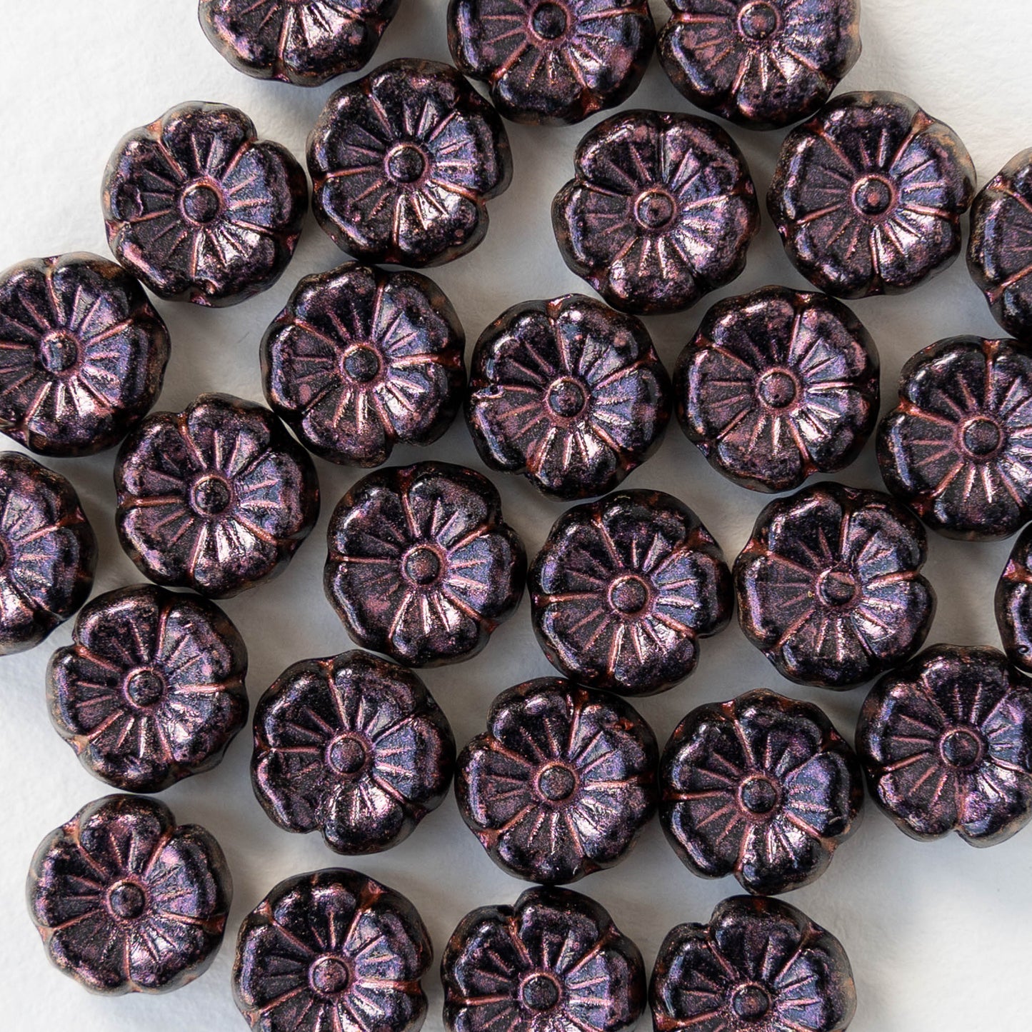 8mm Flower Beads - Opaque Black with Purple Wash  - 20 beads