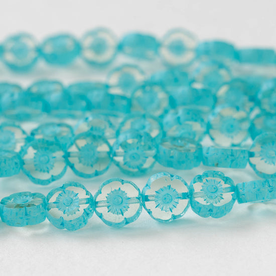 8mm Flower Beads - Crystal with Aqua -20 Beads