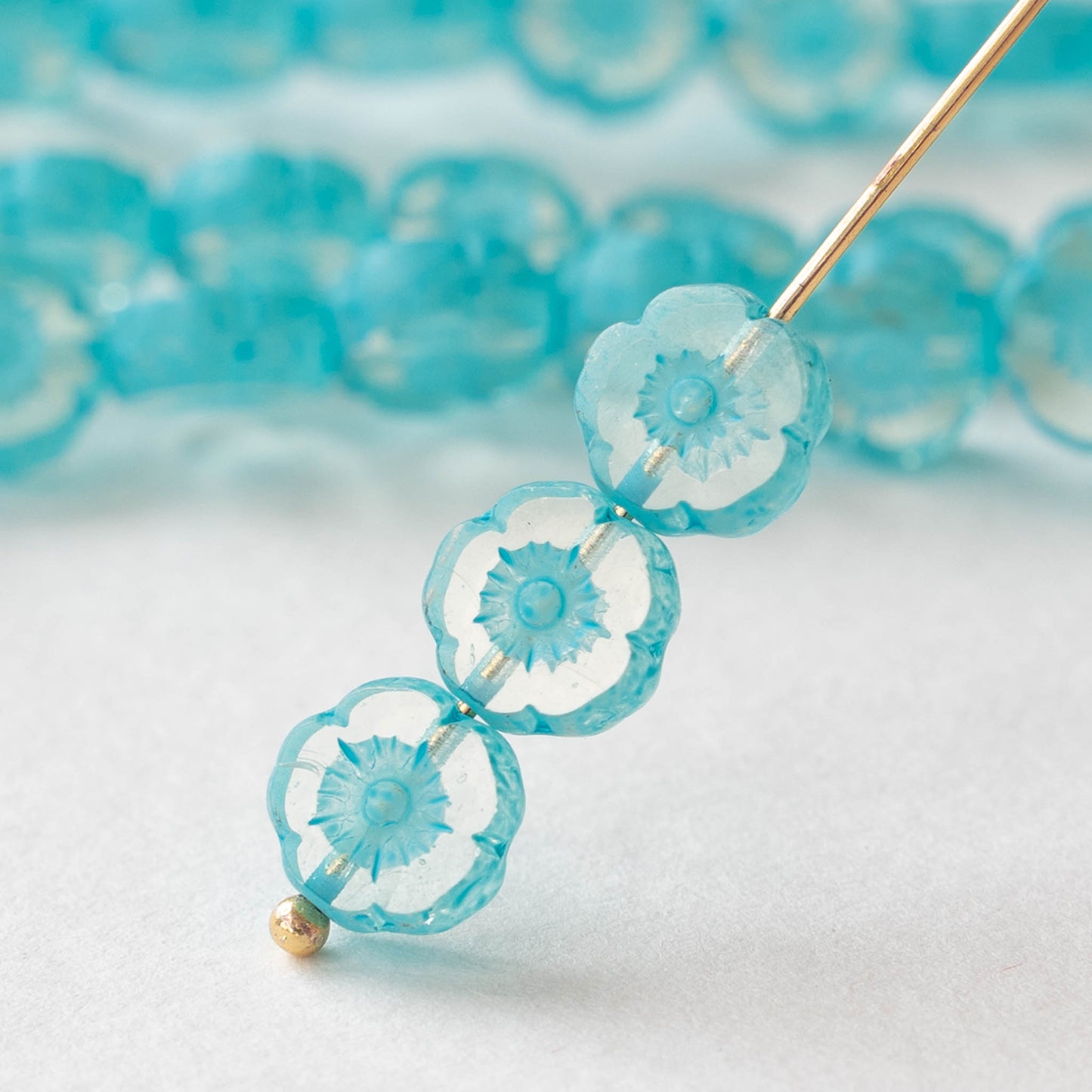 8mm Flower Beads - Crystal with Aqua -20 Beads