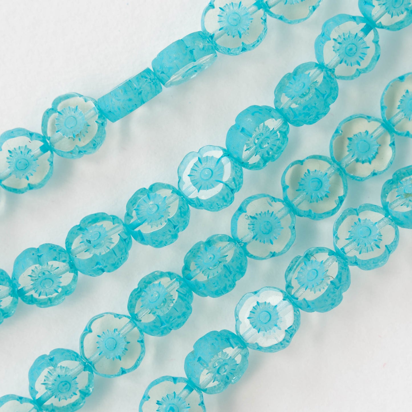 8mm Flower Beads - Crystal with Aqua -20 Beads