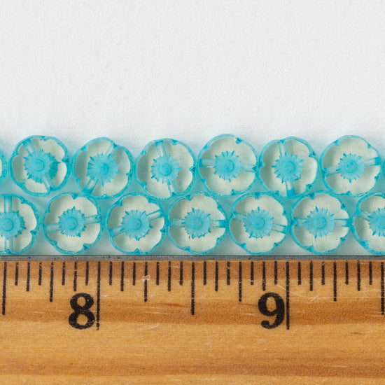 8mm Flower Beads - Crystal with Aqua -20 Beads