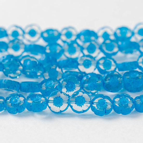 8mm Flower Beads - Crystal with Blue -20 Beads