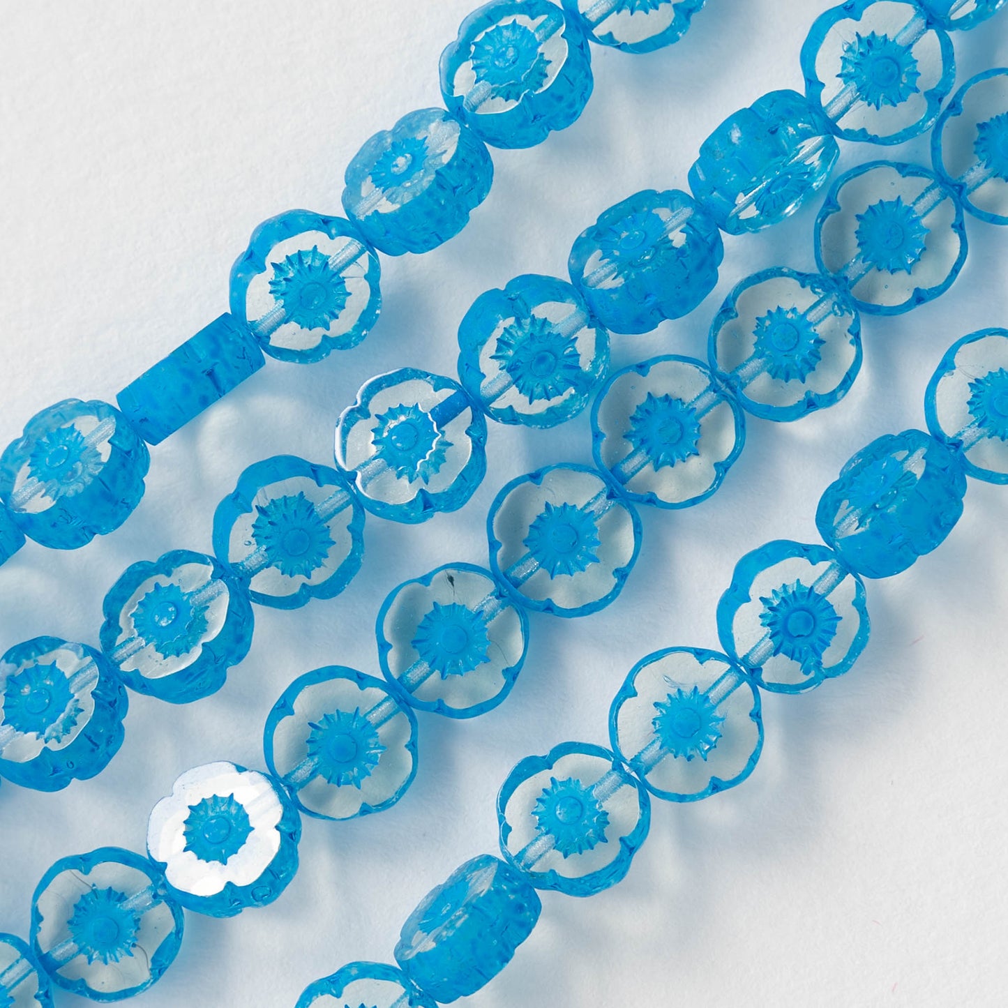 8mm Flower Beads - Crystal with Blue -20 Beads