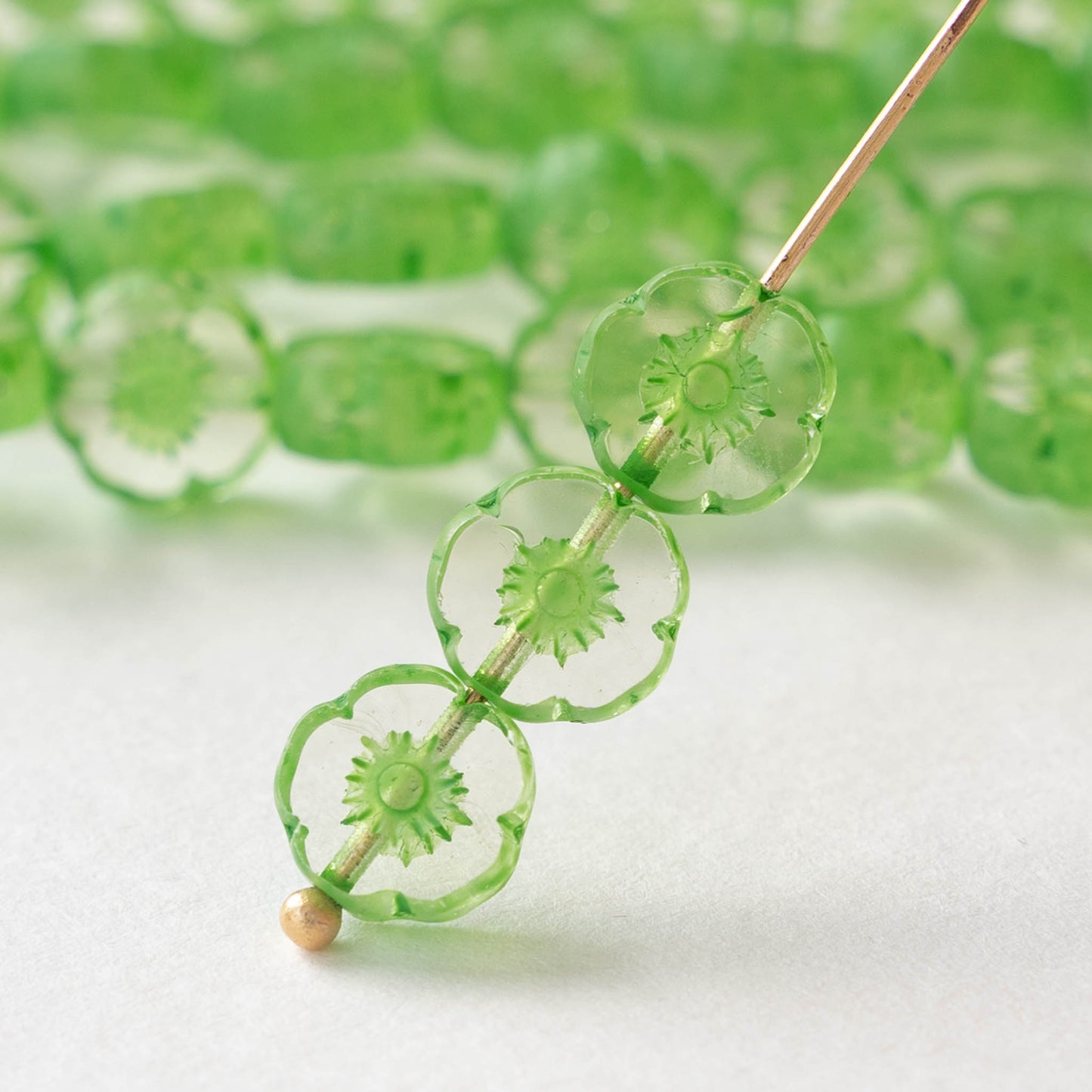 8mm Flower Beads - Crystal with Green -20 Beads