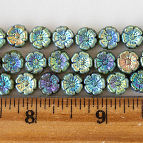 9mm Flower Beads - Opaque Green AB  - 20 beads
