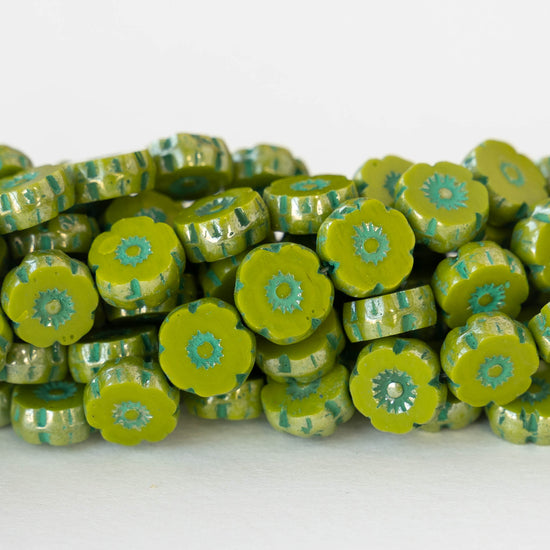 9mm Flower Beads - Opaque Lime Green - 20 beads