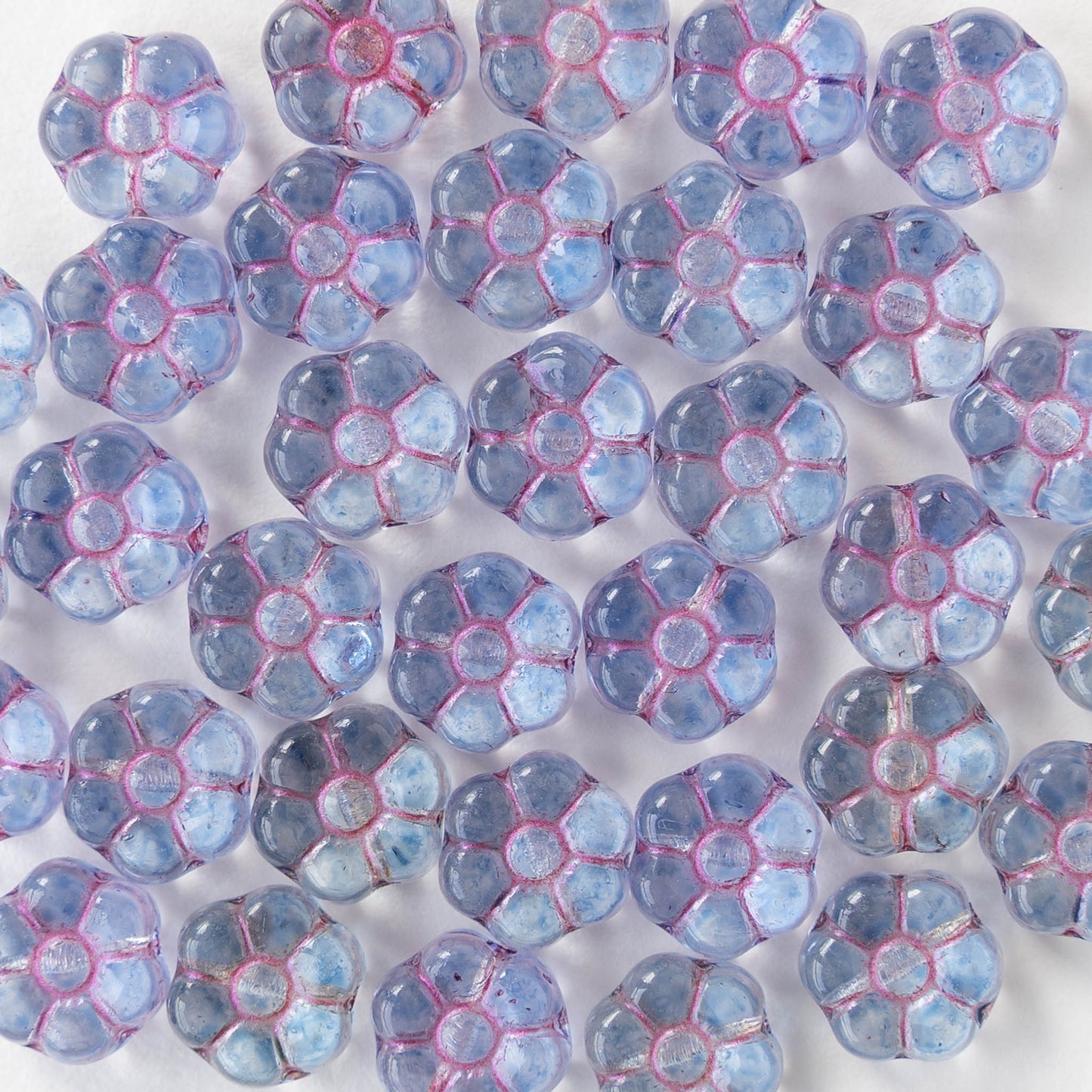 8mm Glass Flower Beads - Transparent Light Blue with Pink Wash - 20 beads