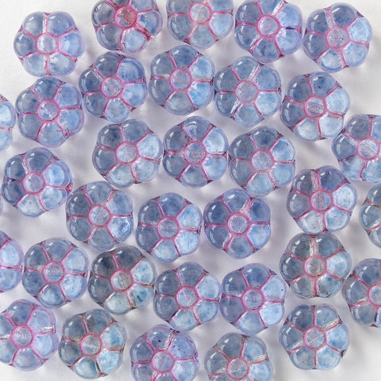 8mm Glass Flower Beads - Transparent Light Blue with Pink Wash - 20 beads