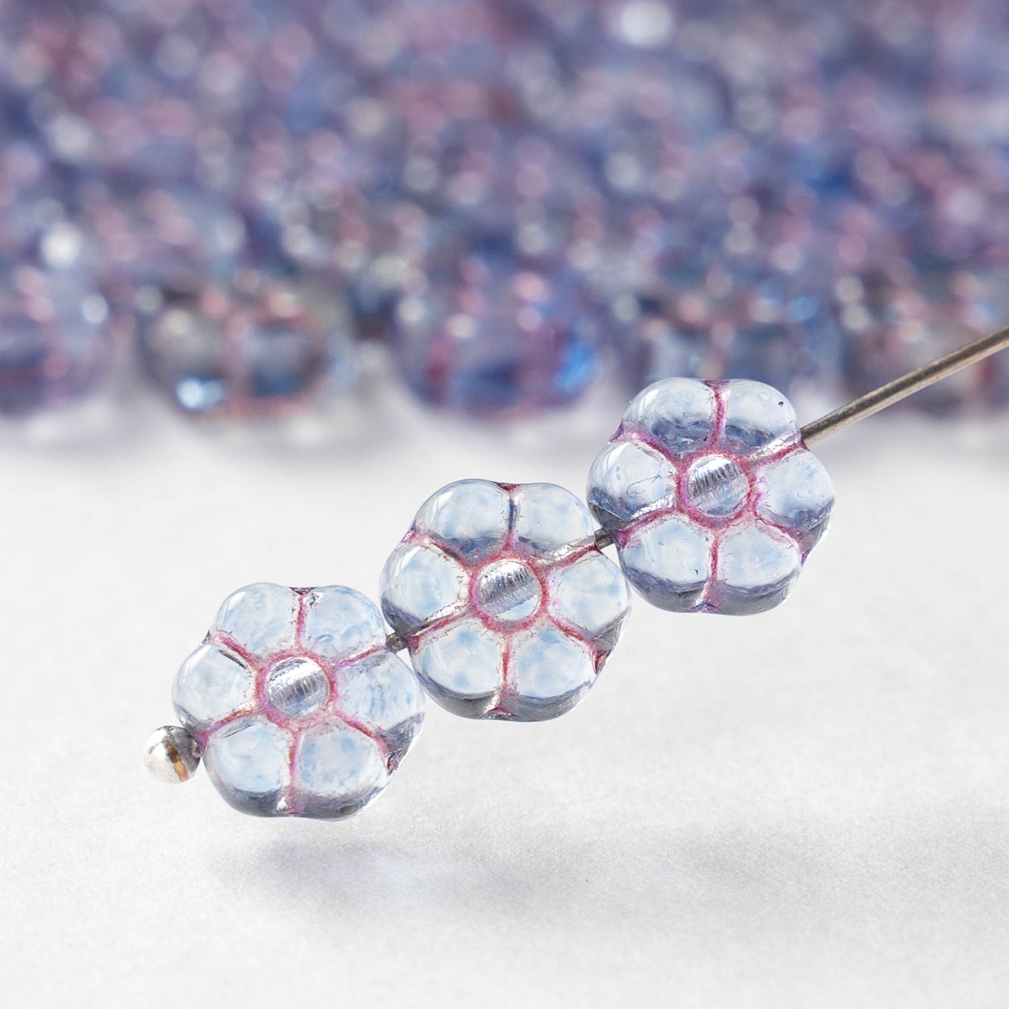 8mm Glass Flower Beads - Transparent Light Blue with Pink Wash - 20 beads