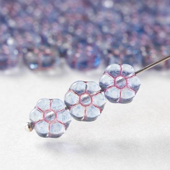 8mm Glass Flower Beads - Transparent Light Blue with Pink Wash - 20 beads