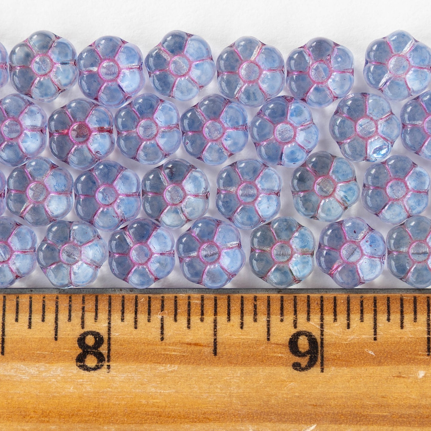 8mm Glass Flower Beads - Transparent Light Blue with Pink Wash - 20 beads