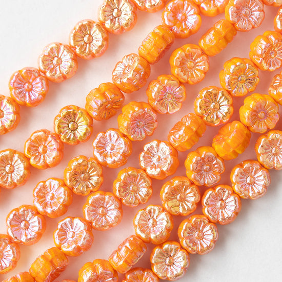 8mm Glass Flower Beads - Opaque Orange AB Luster - 20 beads