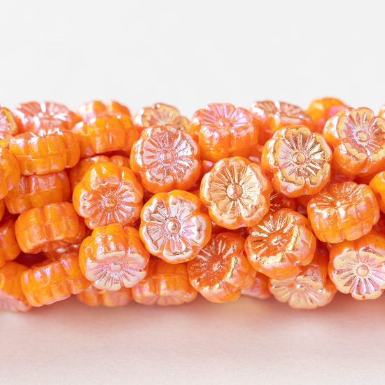 8mm Glass Flower Beads - Opaque Orange AB Luster - 20 beads
