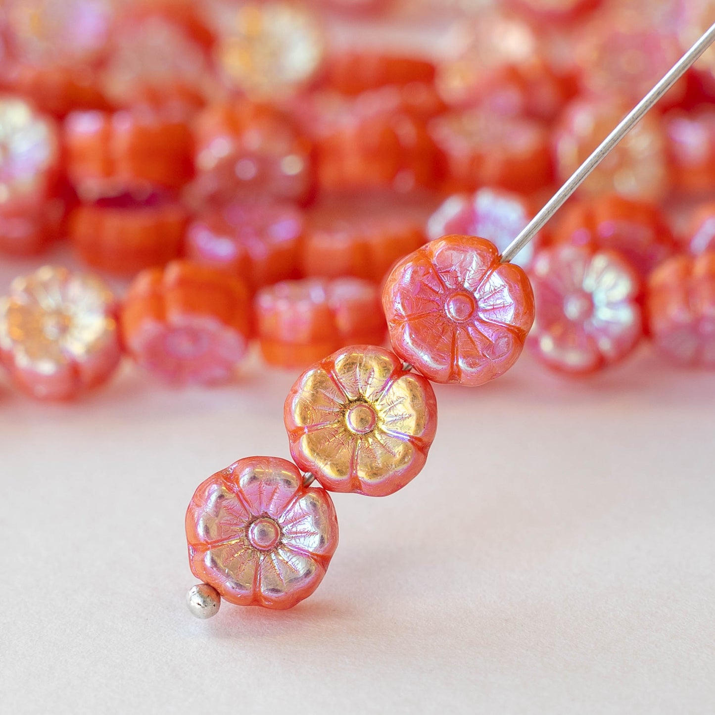 9mm Flower Beads - Opaque Orange AB  - 20 beads