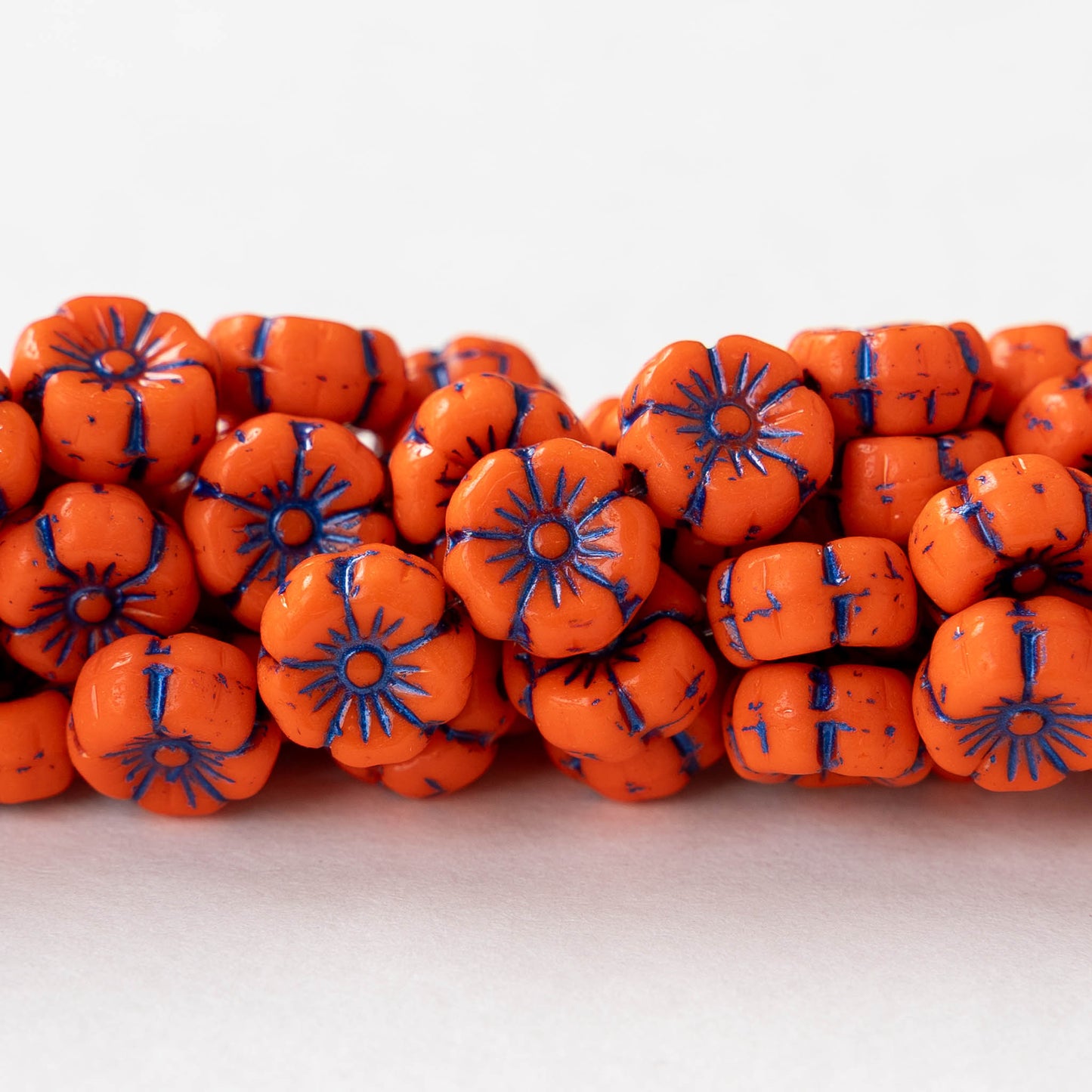 8mm Flower Beads - Opaque Orange with Blue Wash  - 16 beads