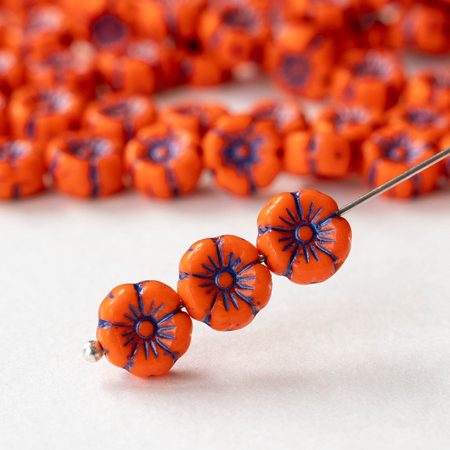 8mm Flower Beads - Opaque Orange with Blue Wash  - 16 beads