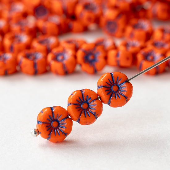 8mm Flower Beads - Opaque Orange with Blue Wash  - 16 beads