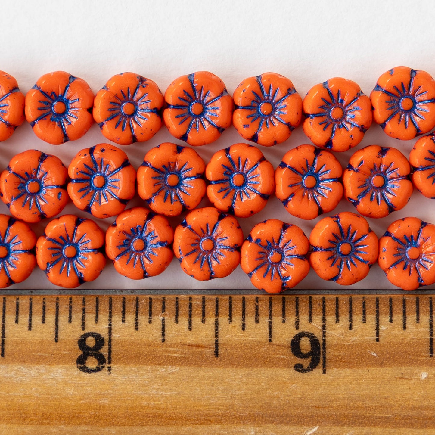 8mm Flower Beads - Opaque Orange with Blue Wash  - 16 beads