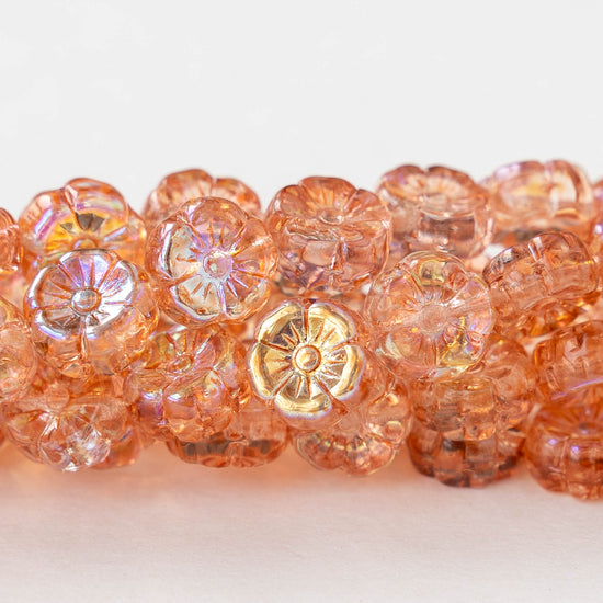 9mm Glass Flower Beads - Peach AB - 20 Beads