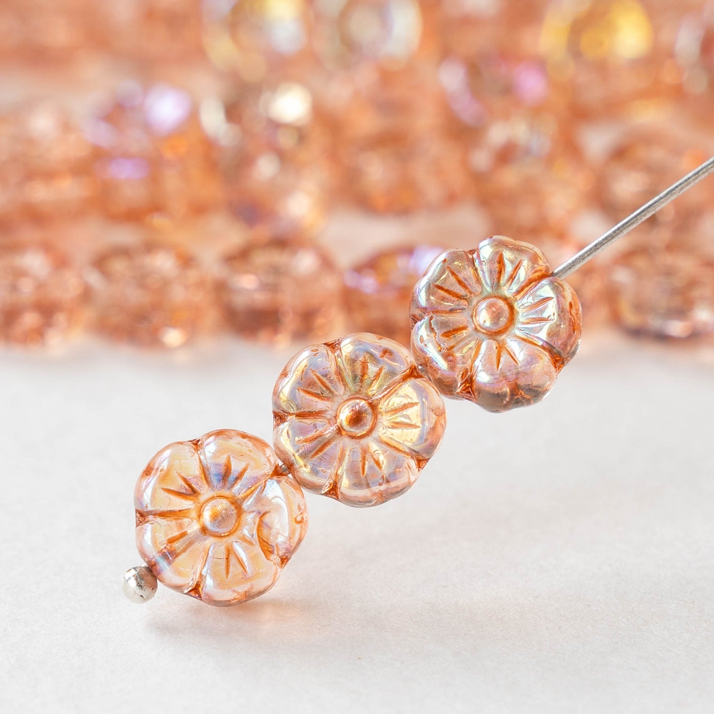 9mm Glass Flower Beads - Peach AB - 20 Beads