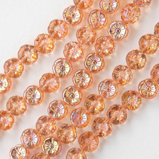 9mm Glass Flower Beads - Peach AB - 20 Beads