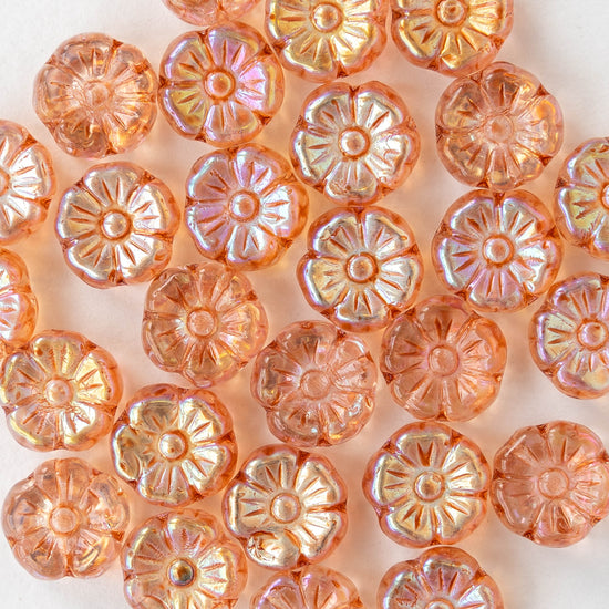 9mm Glass Flower Beads - Peach AB - 20 Beads