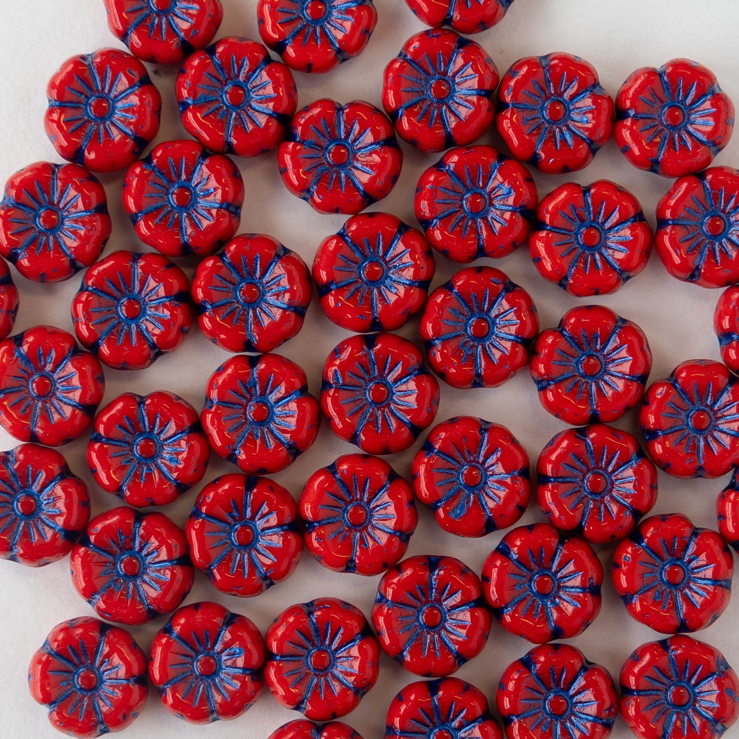 8mm Glass Flower Beads - Red with Purple Wash - 20 beads