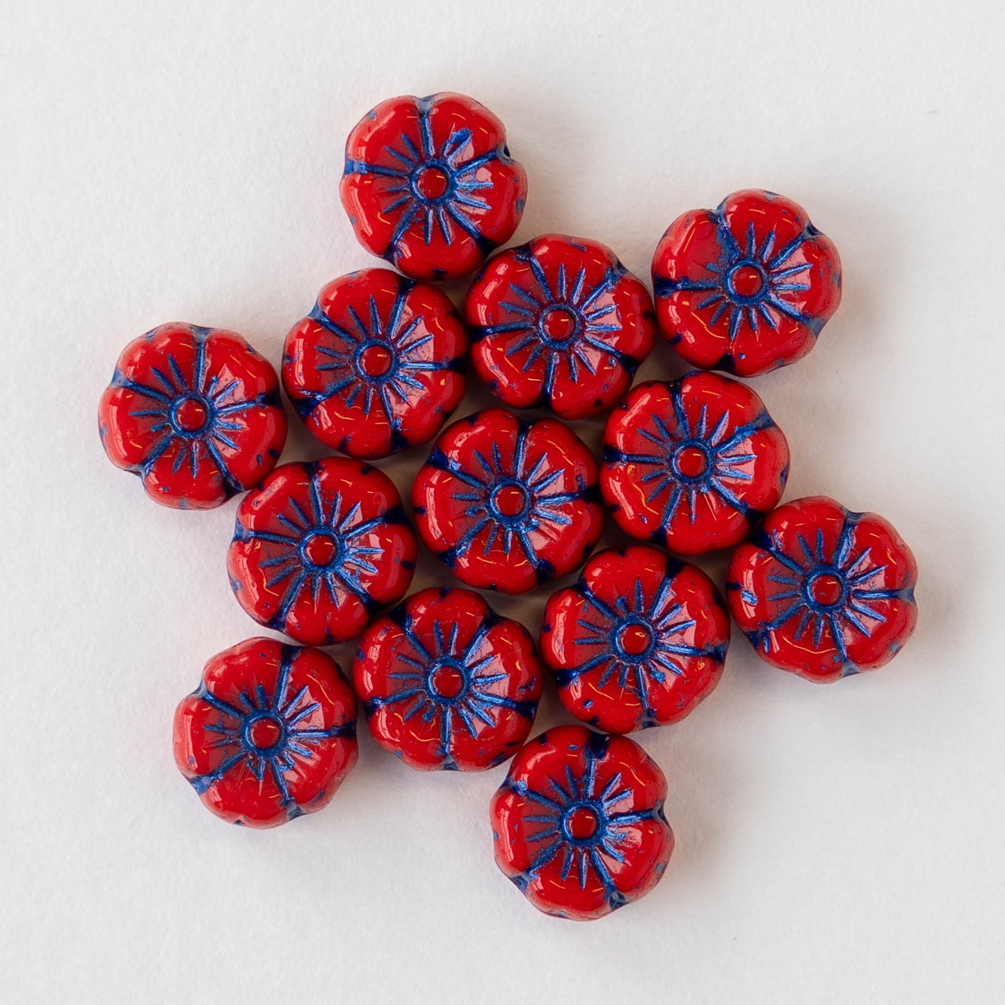 8mm Glass Flower Beads - Red with Purple Wash - 20 beads