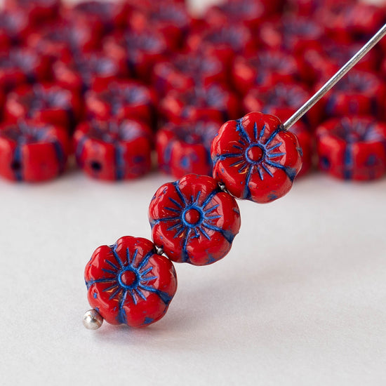 8mm Glass Flower Beads - Red with Purple Wash - 20 beads