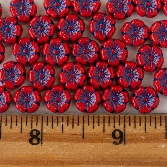 8mm Glass Flower Beads - Red with Purple Wash - 20 beads