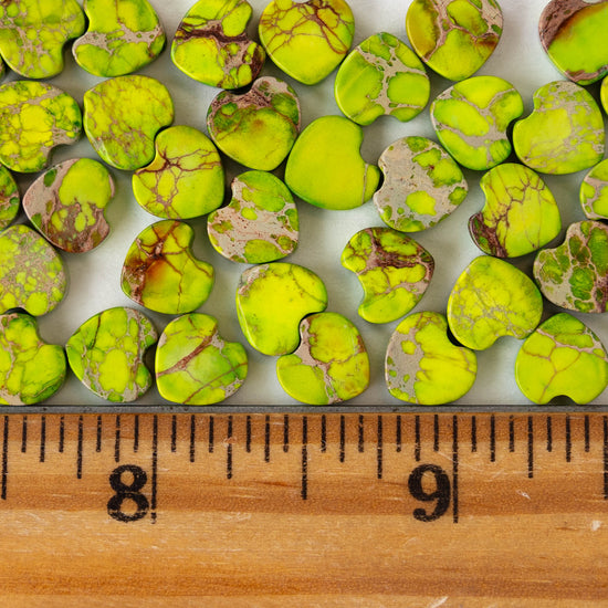 8mm Impression Jasper Heart Beads - Lime Green - 12 beads