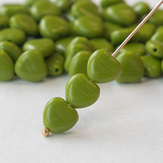 8mm Heart Beads - Opaque Olive Green - 20 hearts