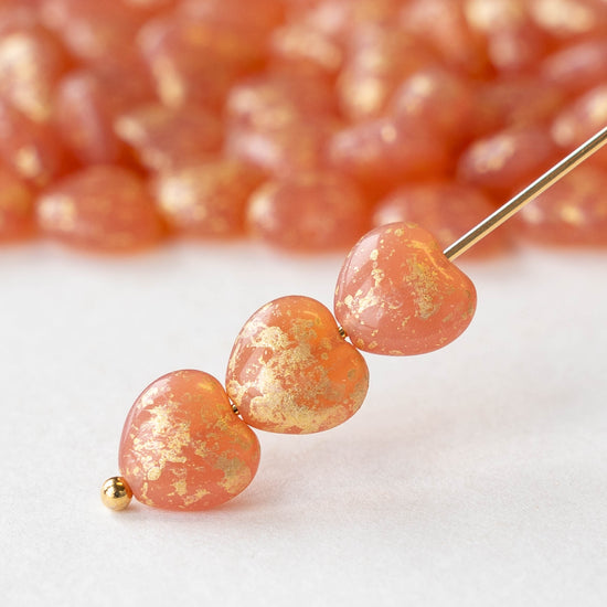 8mm Glass Heart Beads - Opaline Pink with Gold Dust - 20 hearts