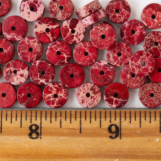 3x8mm Impression Jasper Wheel Beads - Red - 30 Beads