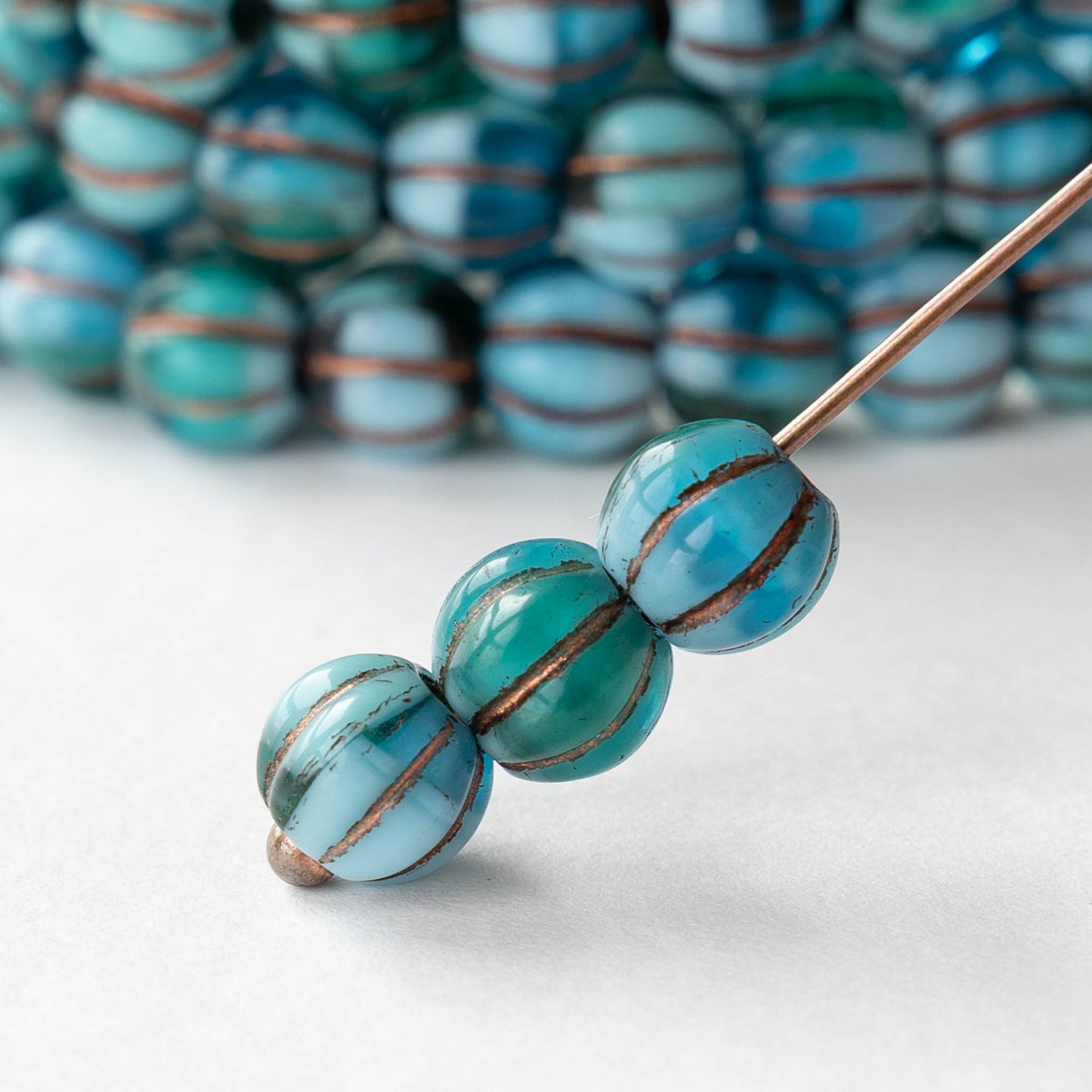 8mm Melon Beads - Green Blue Mix with Bronze Wash - 20 Beads
