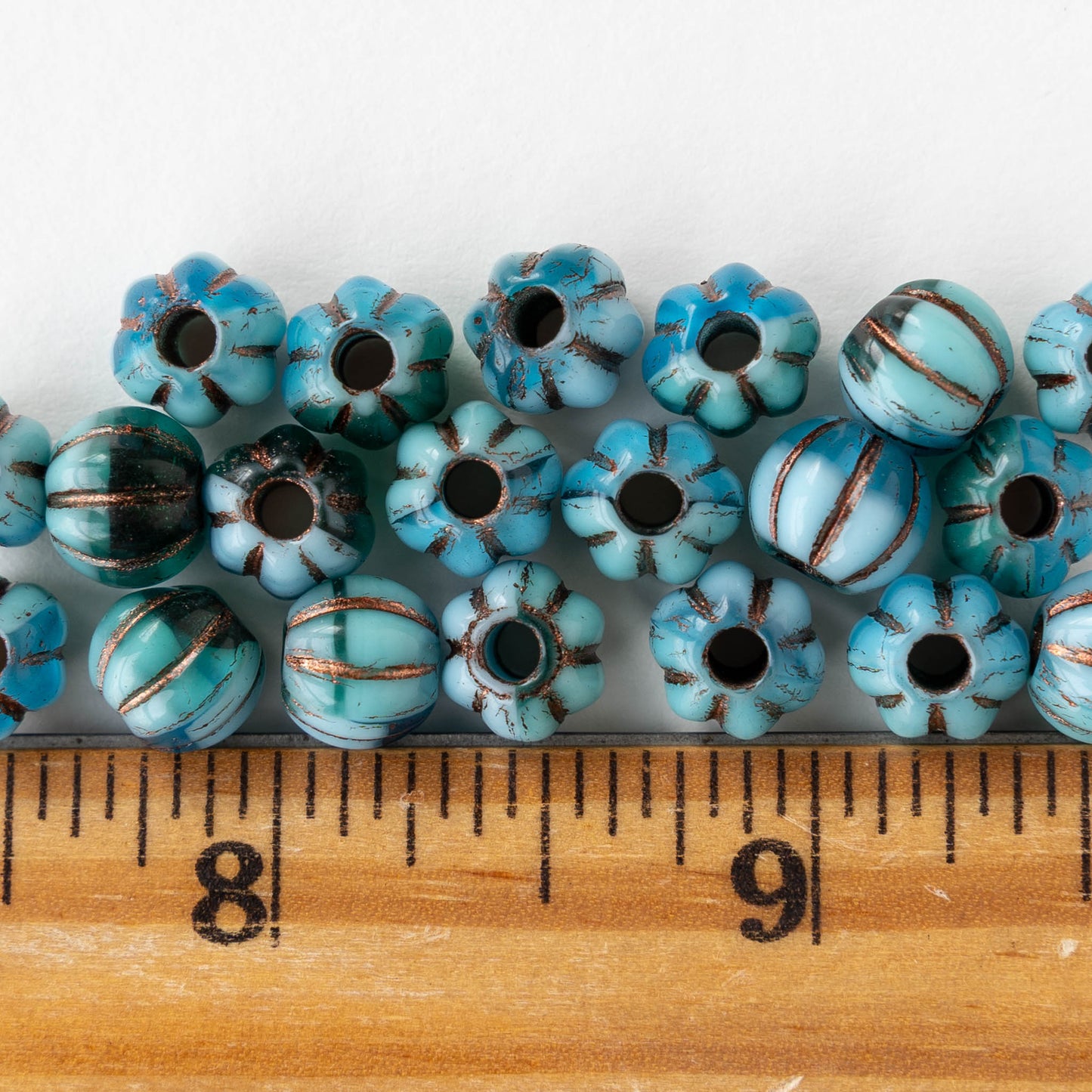 8mm Melon Beads - Green Blue Mix with Bronze Wash - 20 Beads