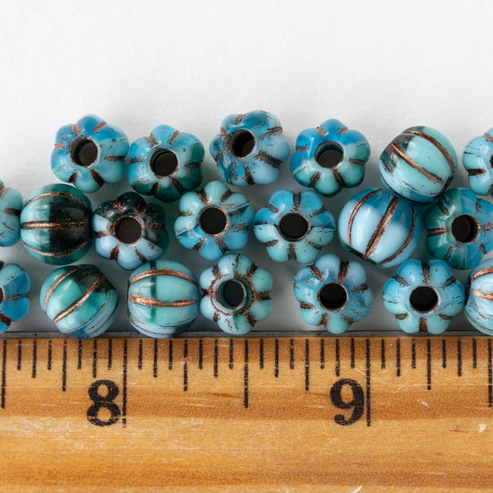 8mm Melon Beads - Green Blue Mix with Bronze Wash - 20 Beads
