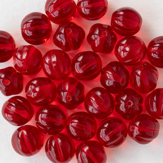 8mm Glass Melon Bead - Transparent Red - 30 Beads