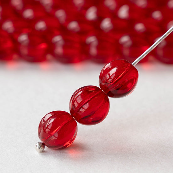 8mm Glass Melon Bead - Transparent Red - 30 Beads