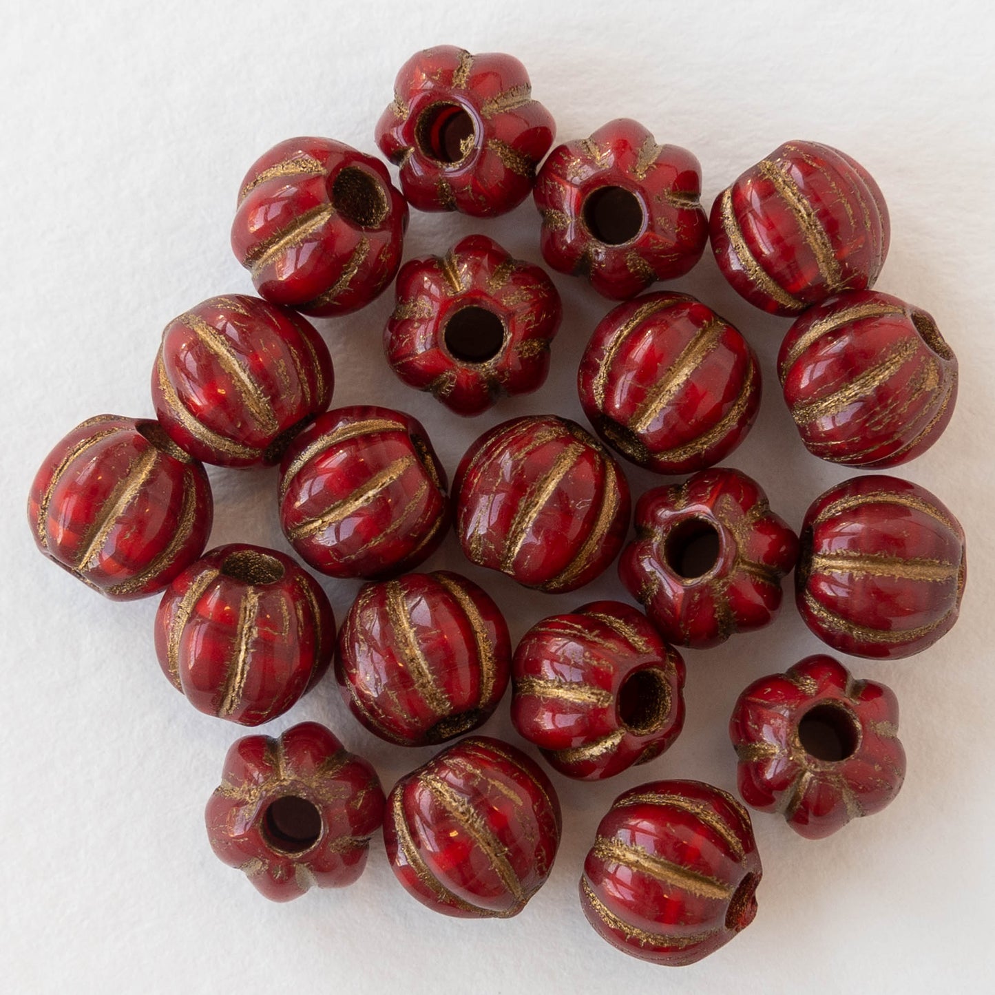 Load image into Gallery viewer, 8mm Melon Bead - Ruby Red with Bronze - 10 Beads
