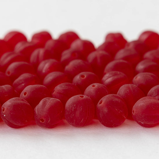 8mm Glass Melon Beads - Red Matte - 20 Beads