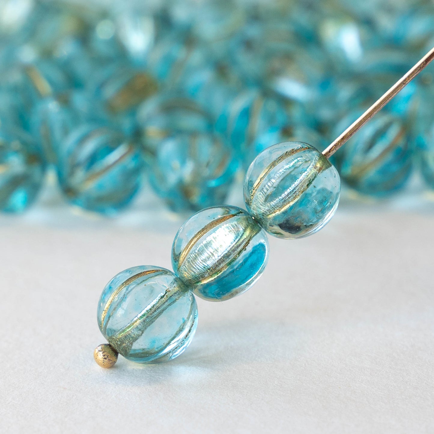 8mm Melon Bead - Seafoam with Gold - 25 Beads
