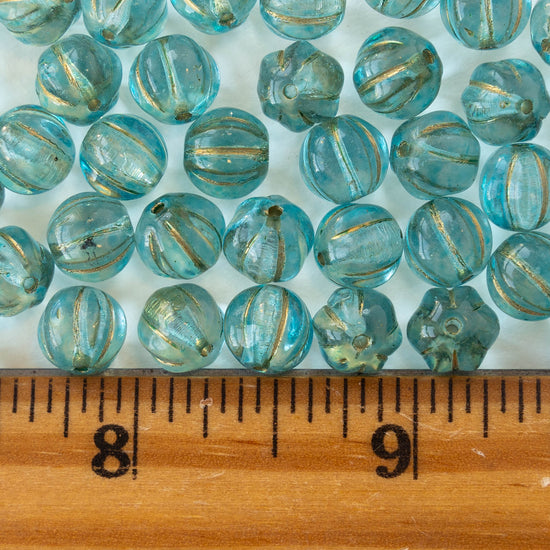 8mm Melon Bead - Seafoam with Gold - 25 Beads