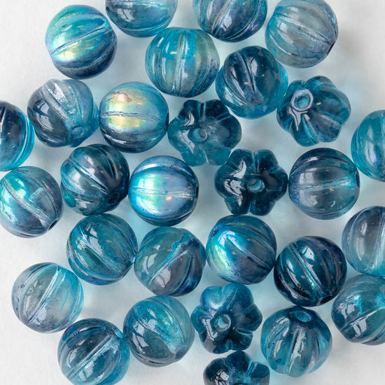 8mm Glass Melon Bead - Transparent Teal AB - 20 Beads