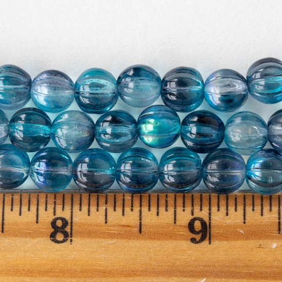 8mm Glass Melon Bead - Transparent Teal AB - 20 Beads