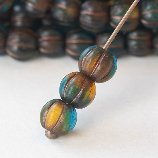 6mm, 8mm Melon Bead - Teal Amber Mix with Copper Wash - Choose Size
