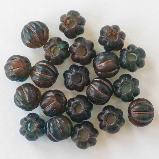 Load image into Gallery viewer, 6mm, 8mm Melon Bead - Teal Amber Mix with Copper Wash - Choose Size
