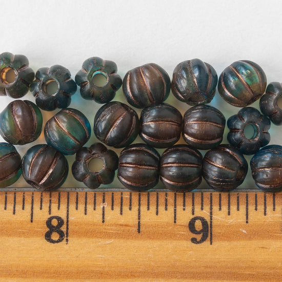 Load image into Gallery viewer, 6mm, 8mm Melon Bead - Teal Amber Mix with Copper Wash - Choose Size
