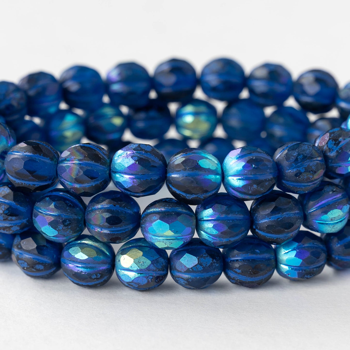 8mm Faceted Round Melon Beads -  Black with Blue Wash AB - 10 or 20 beads