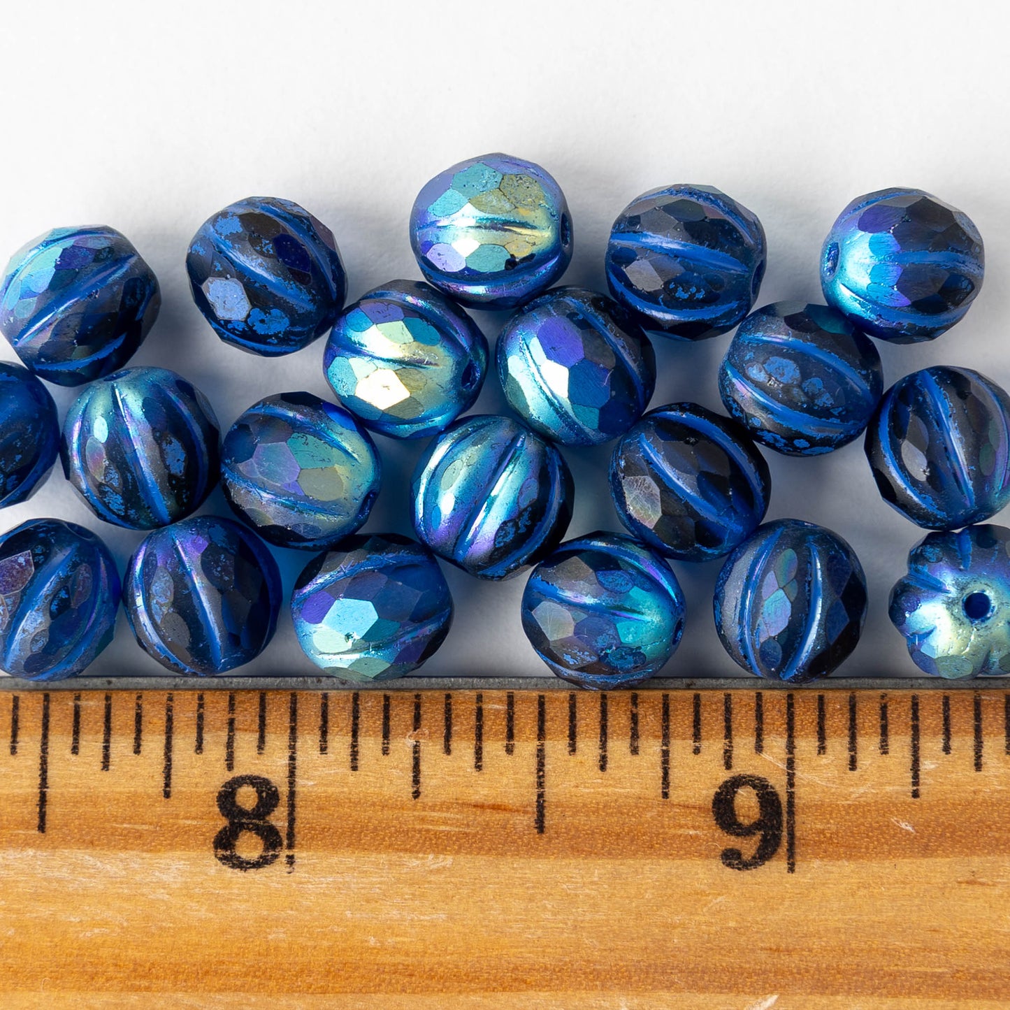 8mm Faceted Round Melon Beads -  Black with Blue Wash AB - 10 or 20 beads